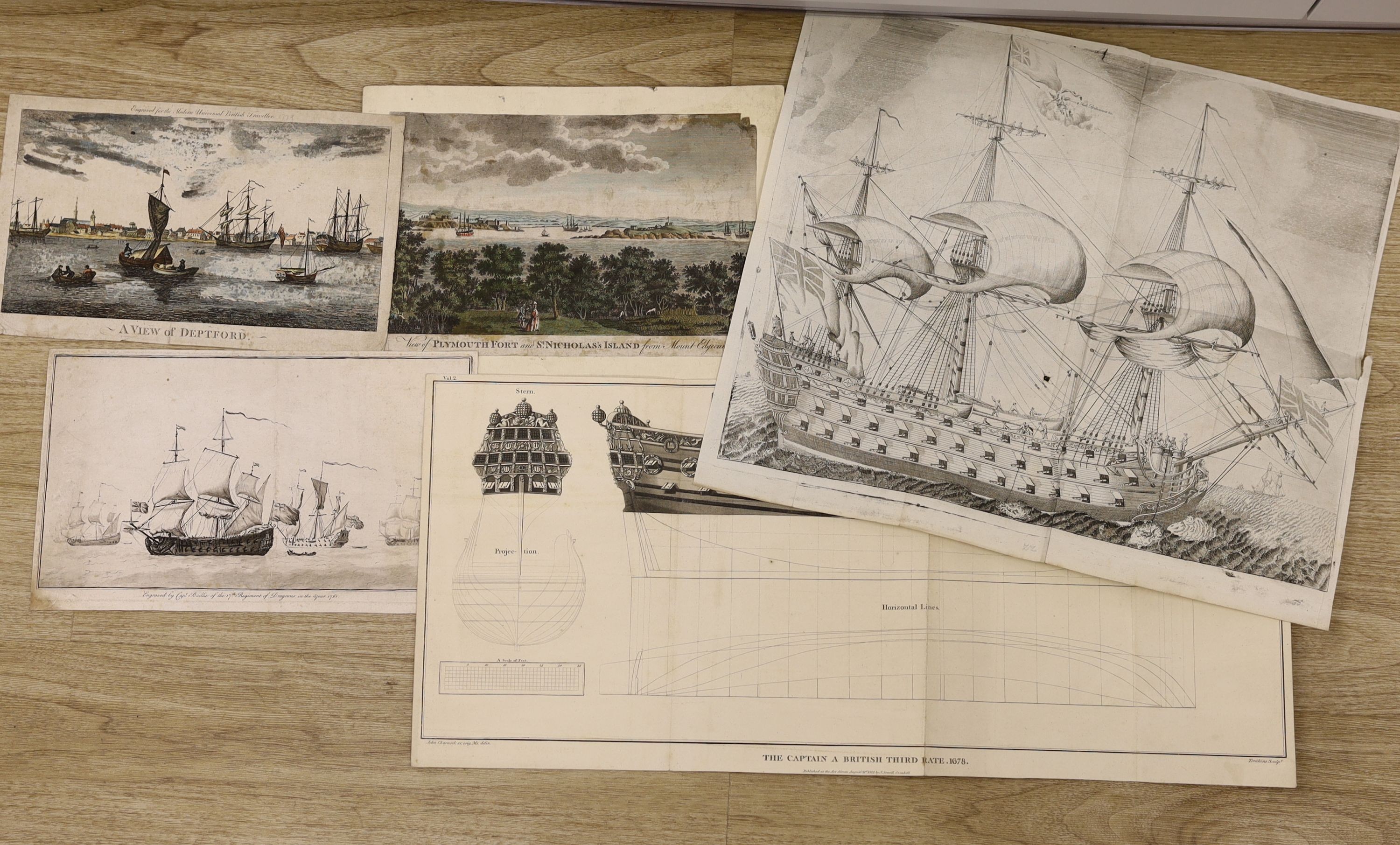Baillie after Van de Velde, engraving, warships at sea, 1761, 18 x 31cm. an engraving of a warship inscribed 'Rule Britannia', 38 x 44cm, a John Charnock engraving, 'The Captain A British Third Rate. 1678', 28 x 60cm. an